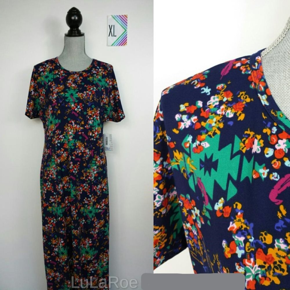 NWT LuLaRoe Maria Dress XL - Green Aztec, Red & Pink Florla & Purple Feathers